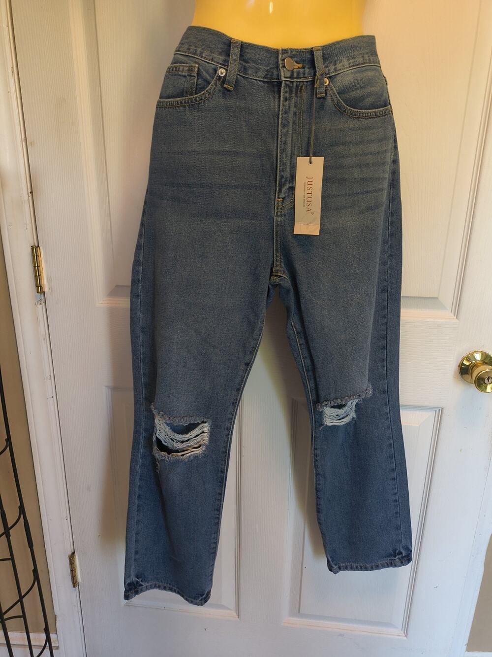JustUSA Women's Straight Blue Denim Jeans Distressed Sz 12 NWT
